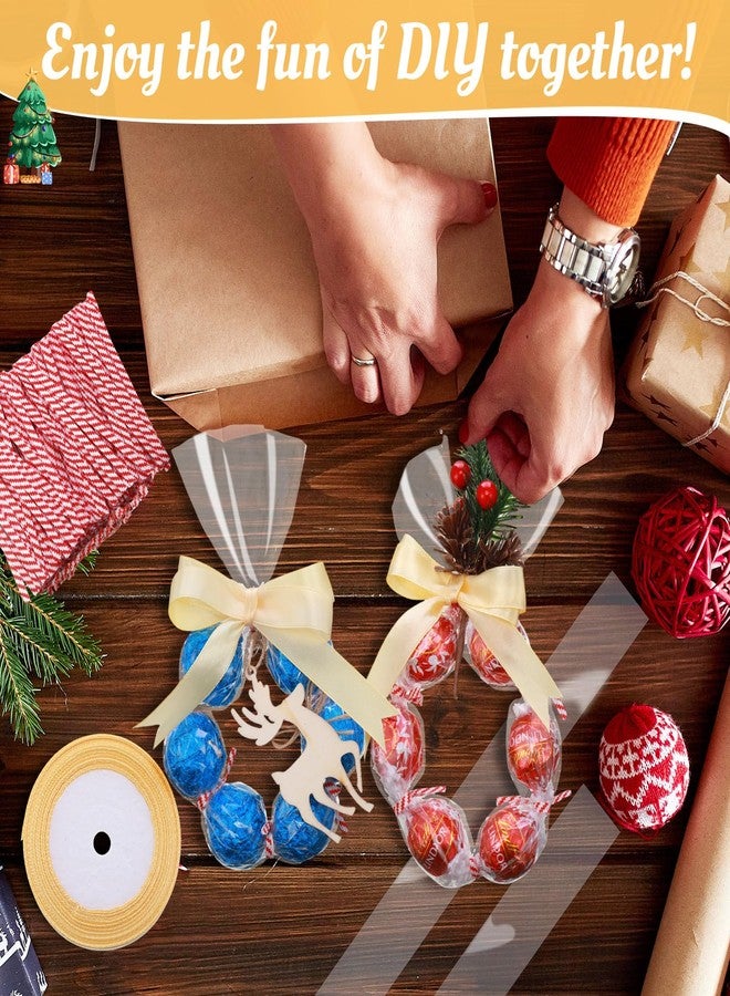 Dunzoom 50/100 Set 2'' x 24'' Christmas Candy Wrapping Gifts Treat Bags Set Plastic Transparent Bags with Twist Tie and Loop of Ribbon for Xmas Party Favors Chocolates Candy Wreath Making Kit - Image 5